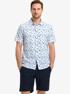 Front half-body view wearing DREAMY STARRY SKY Stylish Printing Summer Shirt.