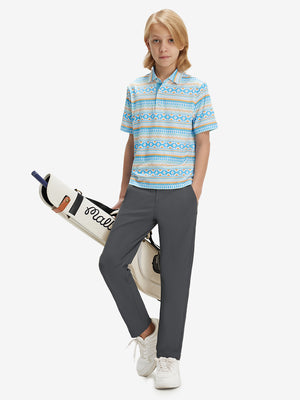Full-body front view of model wearing the dark grey youth water resistant cotton blend golf pants for a complete look