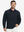 Model front half body lifting jacket, hand in inner pocket, textured insulated winter jacket, navy.
