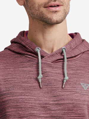 Close-up front view from nose to chest showing Soft Heather Hoodies Pullover in red heather