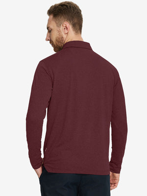 Back upper body of Skin-friendly long sleeve melange polo with smooth burgundy finish