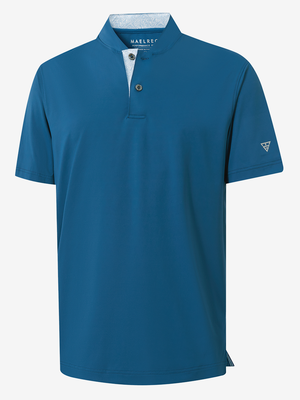 3D render of blue Moisture-Wicking Short Sleeve Henley Shirt.