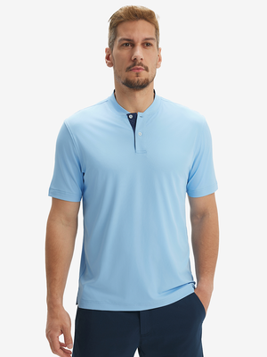 Front half-body view of model wearing light blue moisture-wicking short sleeve henley shirt