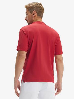 Side-back view of model in red Moisture-Wicking Short Sleeve Henley.