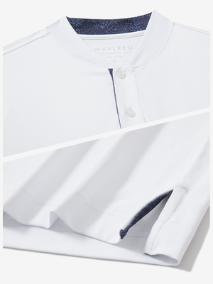 Detail of white moisture-wicking short sleeve henley shirt showing collar and hem vent construction.