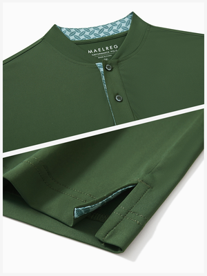 Detail of army green  moisture-wicking short sleeve henley shirt showing collar and hem vent construction.