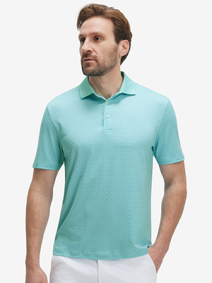 Front half-body of model in pea green goose lightweight stretch upgraded print golf polo shirts