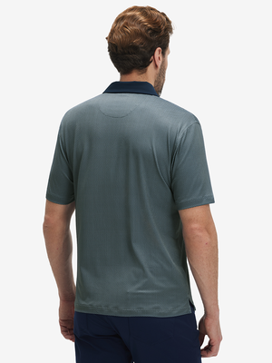 Back half-body of model in gray geo lightweight stretch upgraded print golf polo shirts