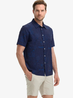 Front half-body view wearing NAVY COMPASS MAP Stylish Printing Summer Shirt.