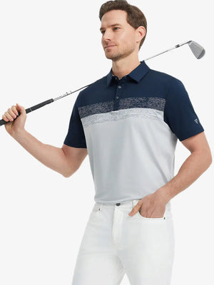 Half-body front shot holding golf club in NAVYGLACIER GREY Premium Performance Polo