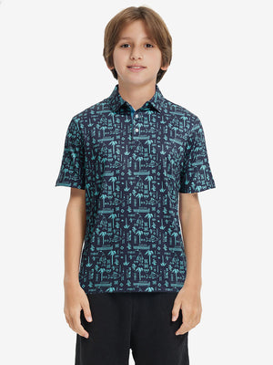 Model front upper body wearing Stylish print boys polo shirts in fresh navy ocean beach style