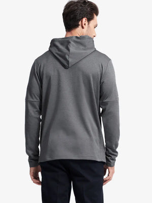 Another front half-body view of Classic Heather Fleece Hoodie in Neutral Grey Heather