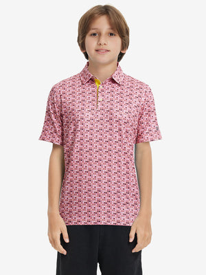 Model front upper body wearing Stylish print boys polo shirts in fresh pink donutred lobster style