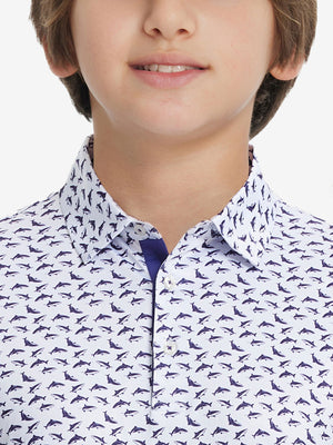 Collar close-up of Stylish print boys polo shirts with neat stitching in white purple shark